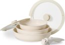 JEETEE Set de Poêles à Frire 6 Pcs, Poêle à Frire Antiadhésive Avec Poignée Amovible et Lid, Poêle 20/24/28 cm Facile À Nettoyer Et Compatible Toutes Les Cuisines, PFOA/PFOS Free, Beige – Le détail qui change tout au quotidien