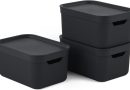 Jive Dekobox – Lot de 3 boîtes de rangement décoratives de 5 l avec couvercle, plastique (PP recyclé), noires, 3×5 l (26,5 x 18,5 x 20 cm), Gris Foncé – Le détail qui change tout au quotidien