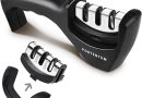 PORTENTUM Aiguiseur couteaux professionnel manuel pour couteaux de cuisine 3 phases – Affuteur de couteaux avec design ergonomique avec finition noire/chromée – Le détail qui change tout au quotidien