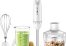 FRESKO Mixeur Plongeant 4 en 1, 1000W en Acier Inoxydable, Vitesse Variable et Turbo, avec Hachoir de 500 ml et Verre Doseur de 700 ml, pour Aliments pour Bébés, Soupes et Smoothies, Blanc (HB3303) – Le détail qui change tout au quotidien