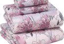 RUVANTI Parure de lit 4 pièces Respirante et Durable, en 100% Coton, avec 1 Drap Plat, 1 Drap-Housse à Bonnets Profonds de 40,6 cm et 2 taies d’Oreiller, pour lit Deux Places, Motif Floral Lilas – Le détail qui change tout au quotidien