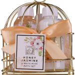 Accentra – Set de douche cadeau pour femmes HONEY JASMINE dans corbeille métallique – Kit soins 3 pcs avec gel douche, lotion et éponge de bain – Cadeaux bien-être pour l&rsquo;anniversaire, Saint Valentin – Le détail qui change tout au quotidien